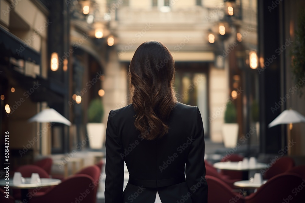 Full-body rear view of a cosmopolitan woman in a chic tuxedo ensemble, awaiting her car outside a grand hotel, muted colors Full-body rear view of a cosmopolitan woman in a chic tuxedo ensemble, awaiting her car outside a grand hotel, muted colors