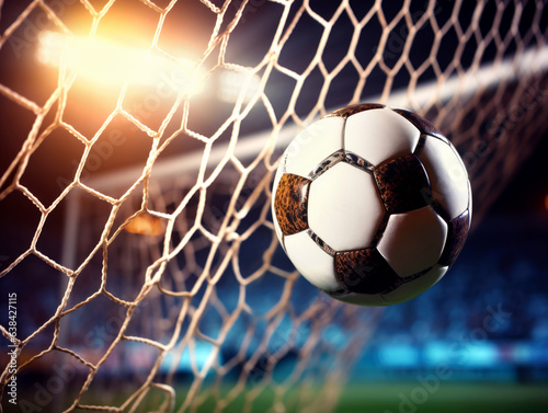 Photo of the ball that flies into a goal on a professional soccer stadium while the sun shines. AI generated © millenius