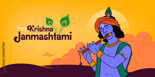 Happy Janmashtami calligraphy and vector with Lord Krishna playing flute vector illustration background, banner, digital post, poster, and card design