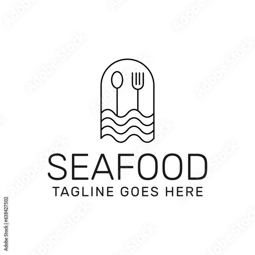Photography a spoon and a fork sailing on the ocean , line art sea food logo template