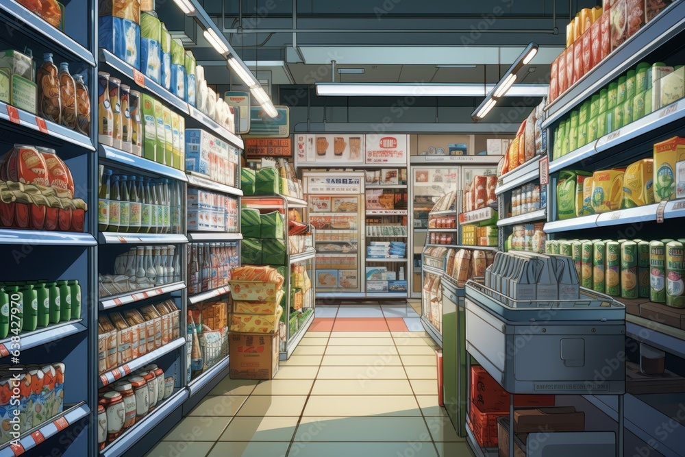 Supermarket shelf anime visual novel game. Generate Ai