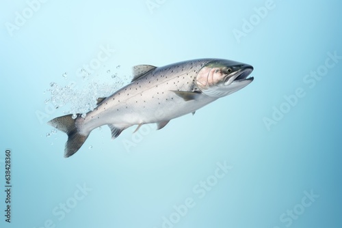 Commercial image of a soaring salmon on a blue background. AI generation.