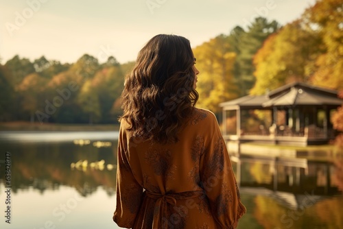 Full-body rear view of a vibrant woman, gazing at her reflection in a tranquil lake, appreciating her growth and self-worth