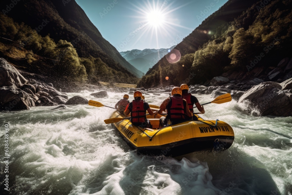 Fototapeta premium Rafting on a fast powerful mountain river. Generative AI