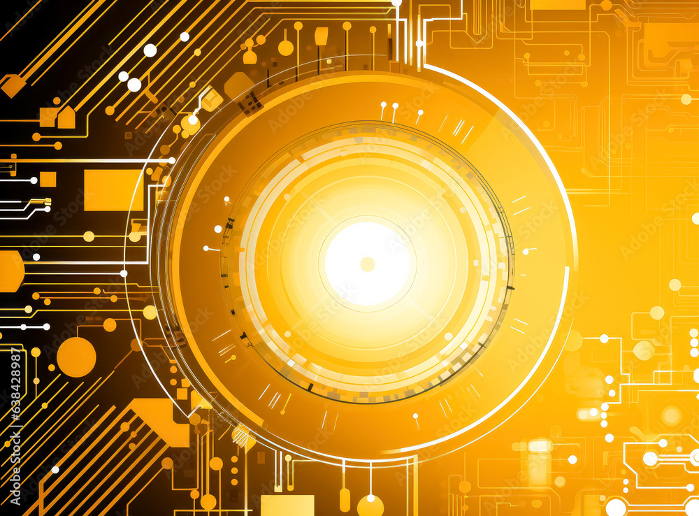 Obraz premium Abstract yellow background full circle vector free, yellow technology with circuitry, light white and gold. Yellow energy core wallpaper. 