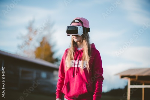 Young european female student use computer technology girl VR headset virtual reality goggles exploration metaverse modern advanced tech future progress playing cyber game experience gaming background