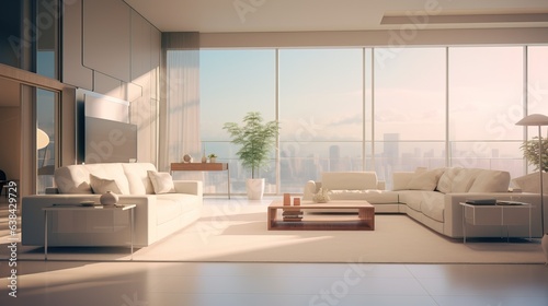 Modern living room interior, sunset light through the windows. © MiaStendal