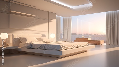 Modern bedroom interior, sunset light in the windows. © MiaStendal