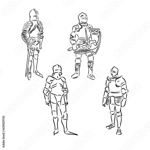 Continuous one line drawing medieval knight standing in armor