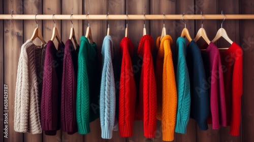 Colorful clothes hanging in row. Many clothes for autumn or fall or winter season. Сlothespin.