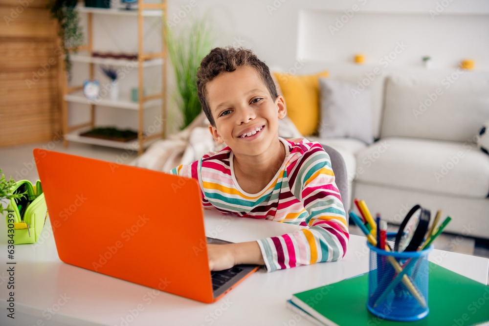 Photo portrait of cheerful young charming small schoolboy remote netbook home education hands over desktop isolated his room background Photo portrait of cheerful young charming small schoolboy remote netbook home education hands over desktop isolated his room background