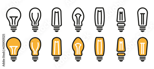 Light Bulb - vector icons collection. Linear and flat icons isolated on white. Idea and creativity concept