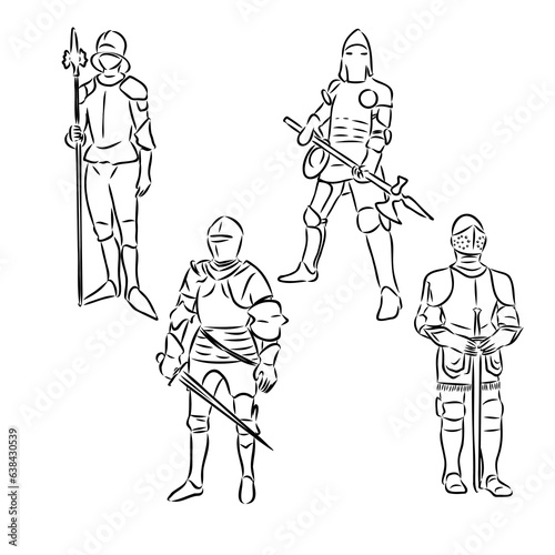 Continuous one line drawing medieval knight standing in armor