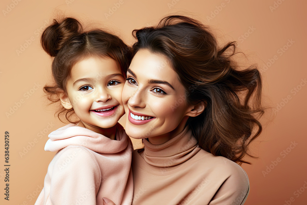 Brunette Mother and little kid daughter isolated on pastel background, Mother's Day love family parenthood childhood concept Brunette Mother and little kid daughter isolated on pastel background, Mother's Day love family parenthood childhood concept