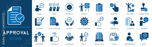 Approval icon set. Containing accept, certified, thumps up, agreement, approve, validation, seal approved, confirmation and decision icons.
