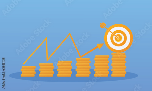 Arrow up with target and coin as cost of living metaphor.on blue background.Vector Design Illustration.