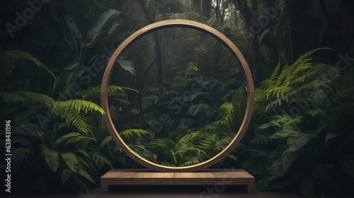 Generative AI  Empty circle wooden frame and tropical leaves on jungle background. For product display.