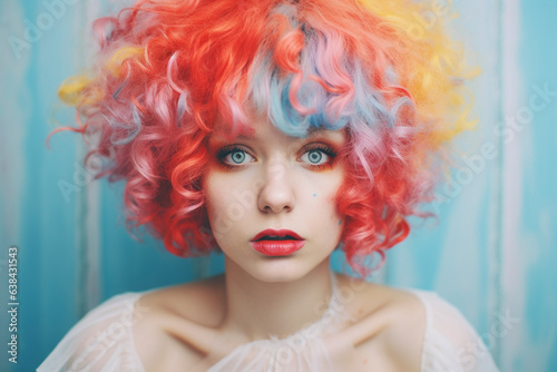 portrait of a woman with colorful rainbow hair and makeup , equality and diversity 