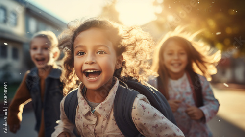 Happy children go to school on 1-st September. Outdoor portrait of smiling kids. Education concept. High key, outdoor. AI-Generated.
