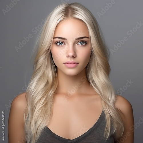 Sinnliches Gesicht einer blonden hübschen Frau mit nude Lippen und schöner Visagistik für die Kosmetik als Poster Nahaufnahme, ai generativ