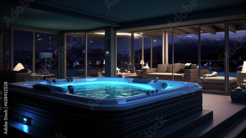 Modern dark jacuzzi interior, neon lighting. © MiaStendal