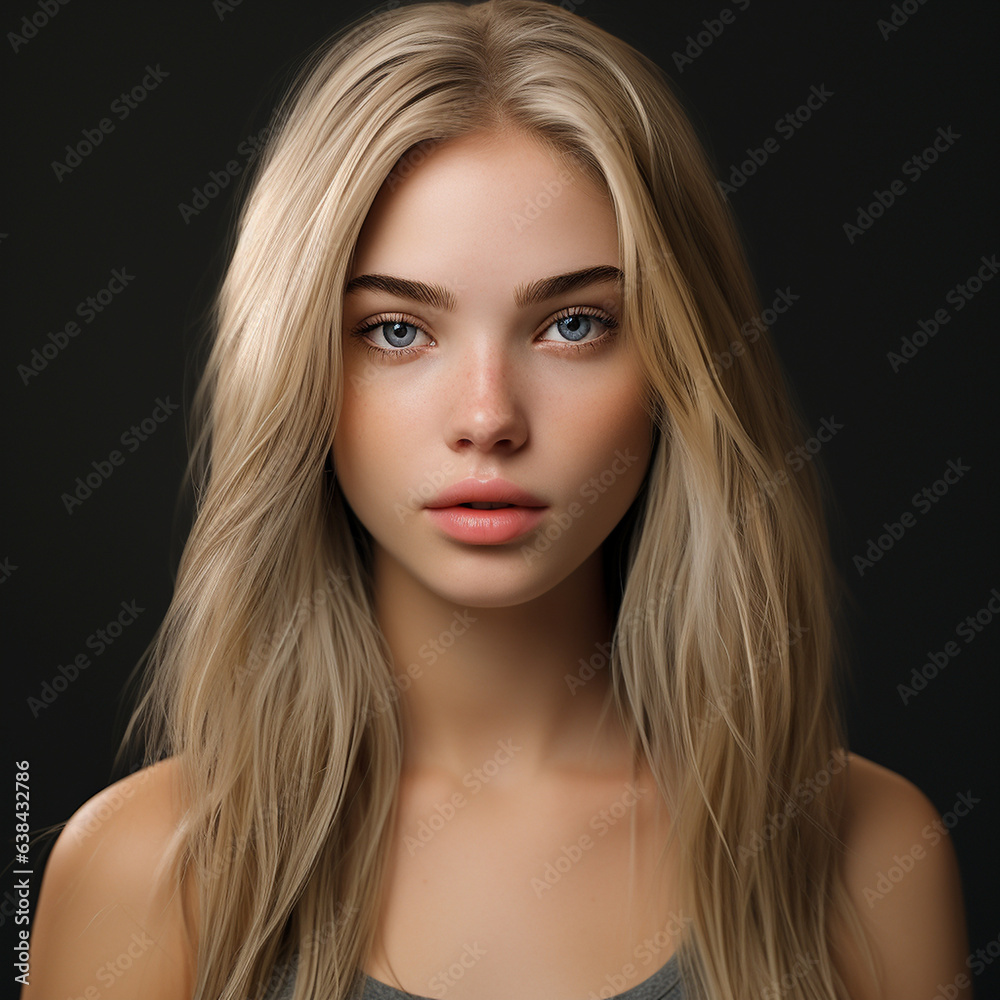 Sinnliches Gesicht einer blonden hübschen Frau mit nude Lippen und schöner Visagistik für die Kosmetik als Poster Nahaufnahme, ai generativ Sinnliches Gesicht einer blonden hübschen Frau mit nude Lippen und schöner Visagistik für die Kosmetik als Poster Nahaufnahme, ai generativ