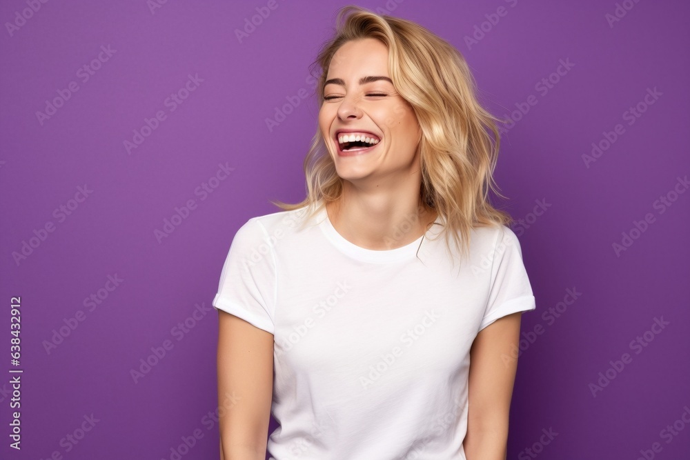 blonde haired female wearing white tshirt on plain background for presentation or mock up blonde haired female wearing white tshirt on plain background for presentation or mock up