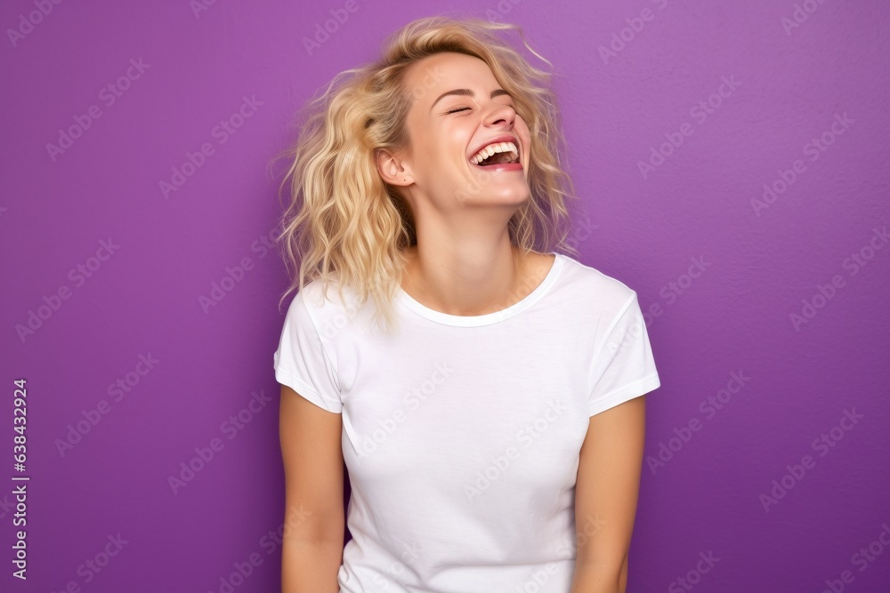 blonde haired female wearing white tshirt on plain background for presentation or mock up blonde haired female wearing white tshirt on plain background for presentation or mock up