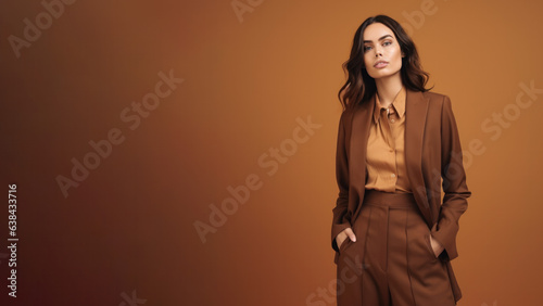 A young brunette woman in brown clothing stands against a solid brown background. Studio. Isolated brown background. Generative AI.