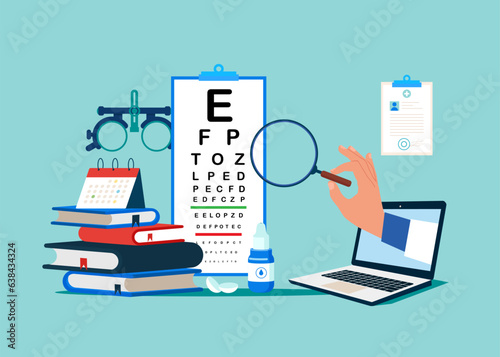Eye examination, eye drop. Ophthalmologist online doctor eyesight check up. Flat vector illustration.