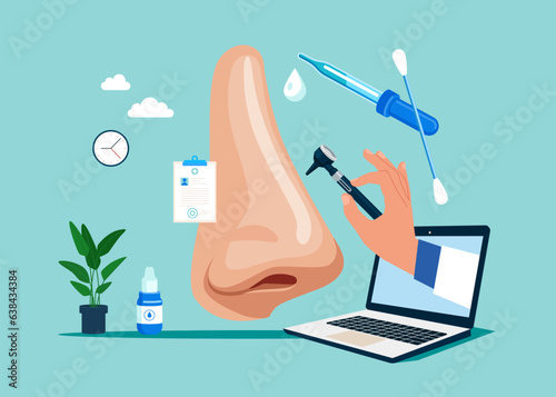 Congestion nose, smell loss. Check health of nose, breathing organ. Flat vector illustration