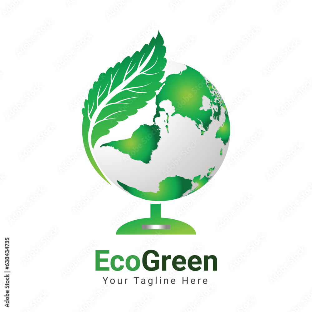 eco green globe with leaves, eco friendly logo green marketing global environment organic leaf natural globe logo template,  go green earth icon vector illustration