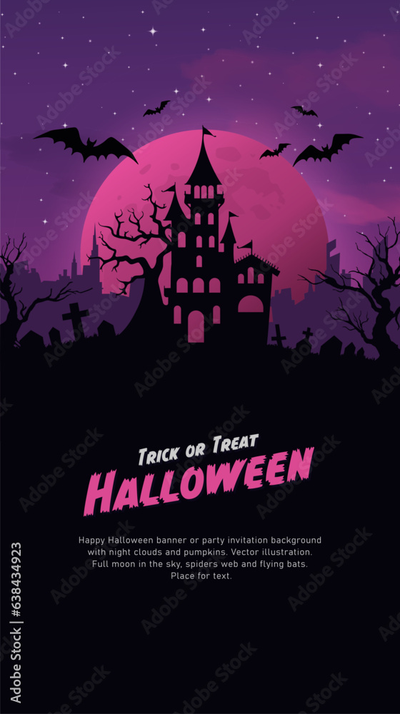 Halloween background with cemetery, full moon and flying bats and purple sky. Vector illustration.