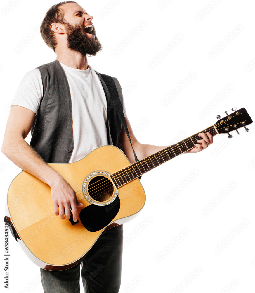 Hipster guitar player singing and playing the guitar - obrazy, fototapety, plakaty 