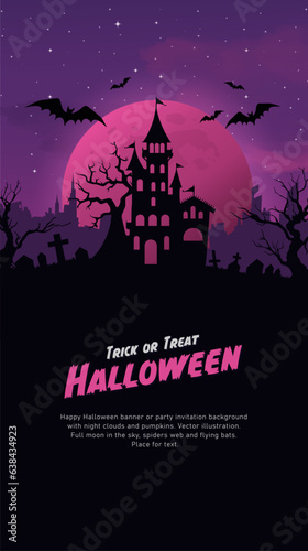 Halloween background with cemetery, full moon and flying bats and purple sky. Vector illustration.