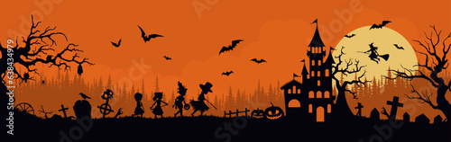 Halloween background with castle, bats and cemetery. Vector illustration.