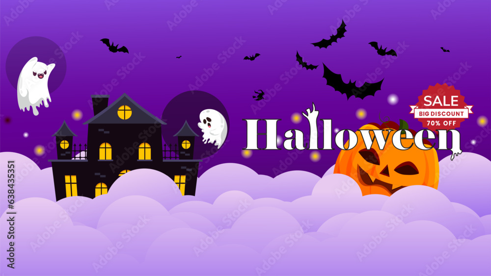 Halloween sale text vector banner design. Halloween scary pumpkin on paper cut clouds ,Happy Halloween Text, Sketchy Font. Happy Halloween poster.Creative sale poster. Abstract backgroun.Eps10