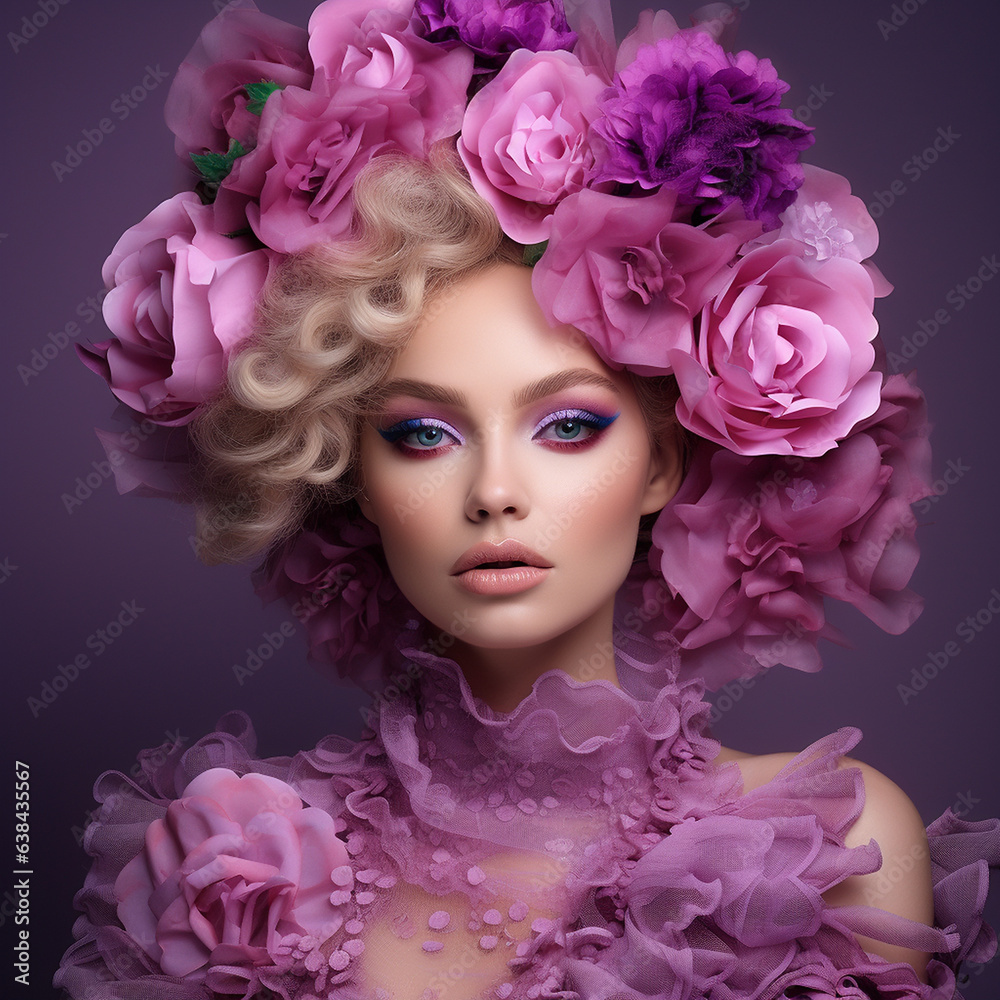 Super Fashion Model Gesicht in rosa und lila farbenen Kopfschmuck mit Blumen umhüllt Nahaufnahme für Poster, ai generativ