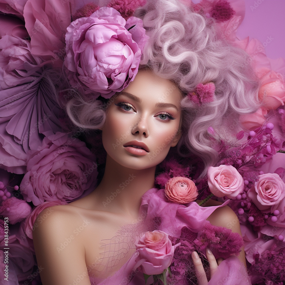 Super Fashion Model Gesicht in rosa und lila farbenen Kopfschmuck mit Blumen umhüllt Nahaufnahme für Poster, ai generativ Super Fashion Model Gesicht in rosa und lila farbenen Kopfschmuck mit Blumen umhüllt Nahaufnahme für Poster, ai generativ