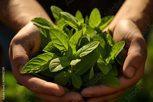 Steavia plant in farmer hands over blurred stevia field, sunny day. A farmer holding a bunch of Stevia plant on unfocus background. Natural sweetener, sugar substitute, alternative sugar. No sugar photo