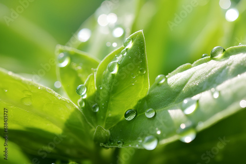 Stevia plant leaves with dewdrops in the morning on a stevia field, close up, sunny morning. Fresh stevia leaves with waterdrops. Natural sweetener, sugar substitute, alternative sugar. No sugar