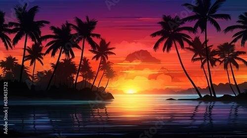 Neon sunset  evening landscape with palm trees  coast by the sea.