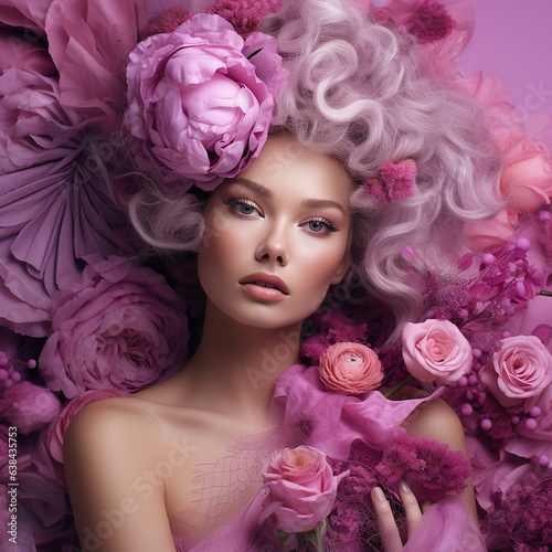Super Fashion Model Gesicht in rosa und lila farbenen Kopfschmuck mit Blumen umh  llt Nahaufnahme f  r Poster  ai generativ