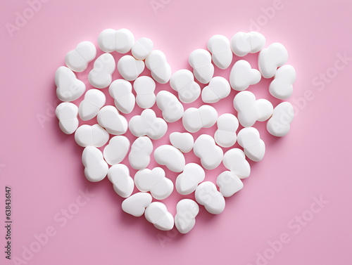 Sugar substitute on color background. Diabetic concept. Top view, flat lay, copy space. Artificial sweetener white tablets in shape of heart. Alternative sugar on light pink background, no sugar © V-anila