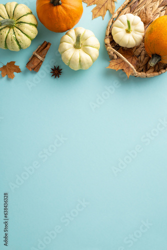 Harvest festival idea. Vertical top view composition  pumpkins  pattipans  maple leaves  anise  cinnamon sticks  all in wicker basket on pastel blue backdrop  empty text or advert space