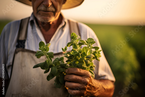 Farmer holding bunch of stevia plant over blurred stevia field. A farmer holding a bunch of Stevia plant on unfocus background. Natural sweetener, sugar substitute, alternative sugar. No sugar concept