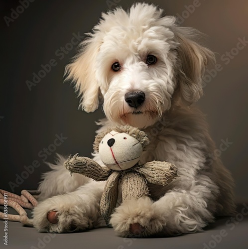 A white dog is holding a stuffed animal and liedown