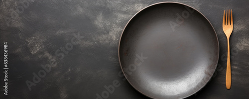 empty black plate with luxury cutlery on dark background. wide banner