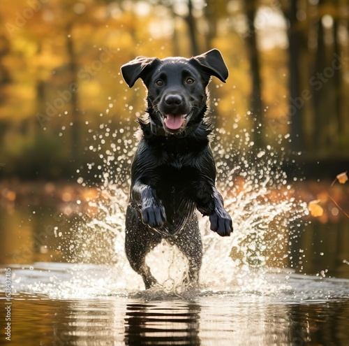 A black dog is jumping into the water with his tongue out