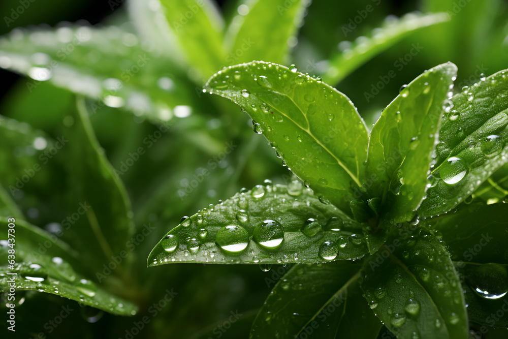 Stevia plant leaves with dewdrops in the morning on a stevia field, close up. Fresh stevia leaves with waterdrops. Natural sweetener, sugar substitute, alternative sugar. No sugar Stevia plant leaves with dewdrops in the morning on a stevia field, close up. Fresh stevia leaves with waterdrops. Natural sweetener, sugar substitute, alternative sugar. No sugar